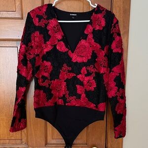 Express Black Bodysuit with Red Floral Pattern never worn
